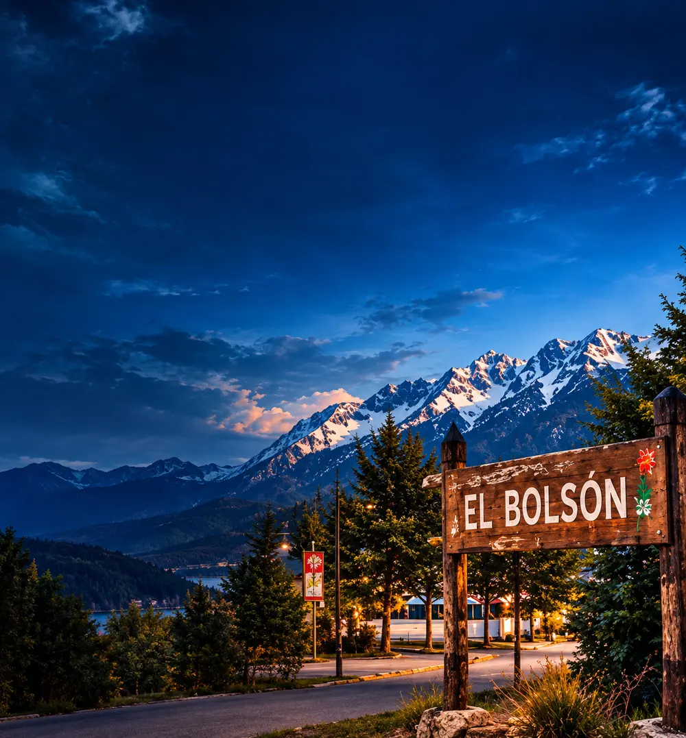 Cartel de madera de El Bolsón con la cordillera nevada de fondo